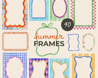 Aquarell Sommer Rahmen mit Schleife & Schleife Clipart | Skurrile gewellte Borte für Einladung | Hochzeit, Party, Babyparty Handgezeichneter Rahmen PNG