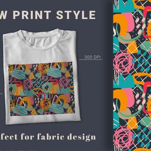May include: A white t-shirt with a colorful abstract pattern featuring geometric shapes, swirls, and lines on a black background. The text "NEW PRINT STYLE" and "Perfect for fabric design" is visible.