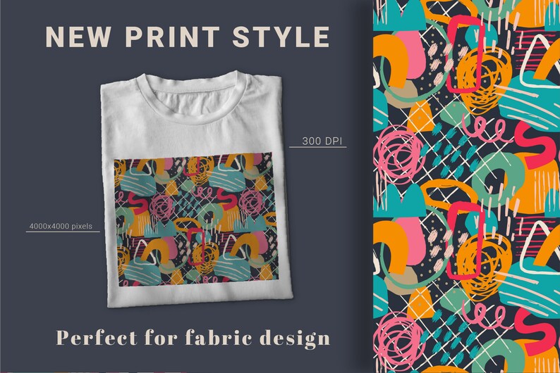 May include: A white t-shirt with a colorful abstract pattern featuring geometric shapes, swirls, and lines on a black background. The text "NEW PRINT STYLE" and "Perfect for fabric design" is visible.