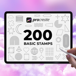 May include: A white iPad screen displaying a collection of 200 basic stamps for the Procreate app. The stamps are black and white and include geometric shapes, lines, and symbols. The text "200 BASIC STAMPS" is displayed in black on the screen.