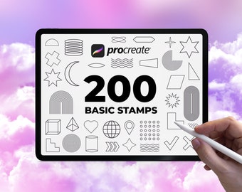 200 sellos básicos de Procreate, elementos geométricos de contornos simples, conjunto de objetos 3D, paquete de pinceles de formas lineales para iPad, paquete de siluetas Y2K