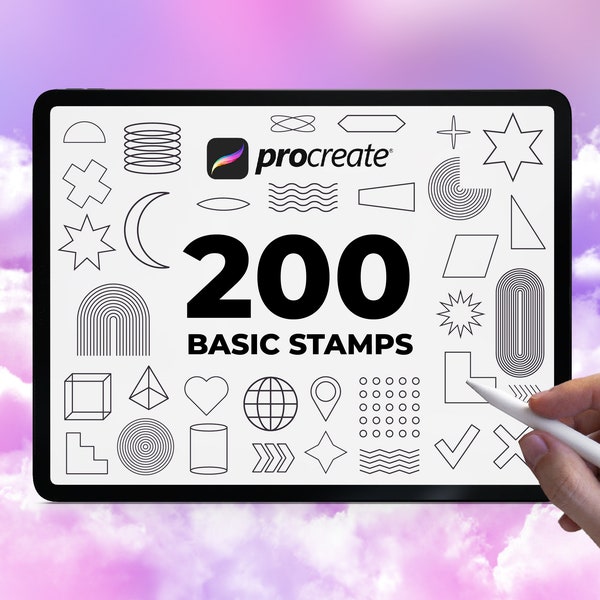 200 Basic Procreate Stamps, Simple Outlines Geometry Elements, Set of 3D objects, Linear Shapes Brush pack for iPad, Y2k Silhouette Bundle