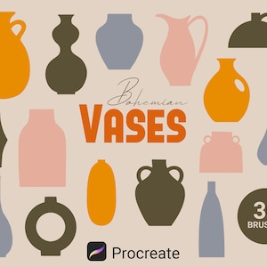 May include: A set of 30 Procreate brushes featuring bohemian-style vases in various shapes and colors, including orange, pink, brown, and blue.