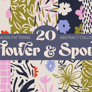 20 documenti digitali con fiori e macchie, modello senza cuciture vibrante, carta per album disegnata a mano, sfondi stampabili con forme astratte, Jpeg Png Eps