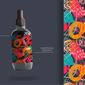 May include: A glass bottle with a dropper top and a label featuring a colorful abstract pattern. The pattern includes geometric shapes, lines, and dots in shades of red, orange, yellow, blue, and green. The bottle is set against a dark gray background. The text "seamless pattern" is visible below the bottle.