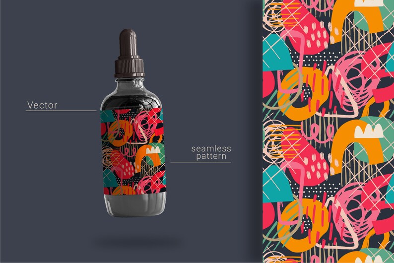 May include: A glass bottle with a dropper top and a label featuring a colorful abstract pattern. The pattern includes geometric shapes, lines, and dots in shades of red, orange, yellow, blue, and green. The bottle is set against a dark gray background. The text "seamless pattern" is visible below the bottle.