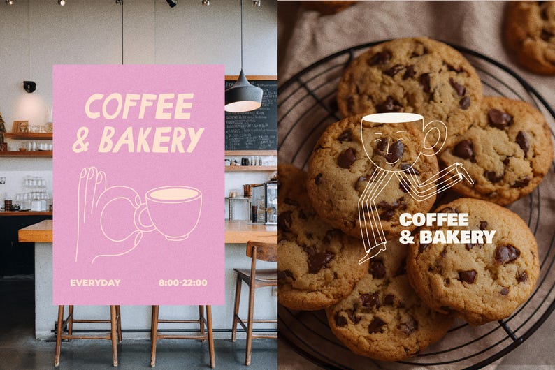 Pacchetto di clipart per caffè e prodotti da forno / Simpatiche icone PNG e SVG disegnate a mano con barista, croissant e torta, illustrazioni per menu e branding. immagine 2