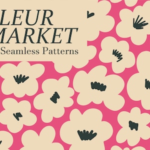 May include: A seamless pattern featuring a repeating design of white flowers with black centres on a pink background. The text "FLEUR MARKET 20 Seamless Patterns" is at the top of the image.