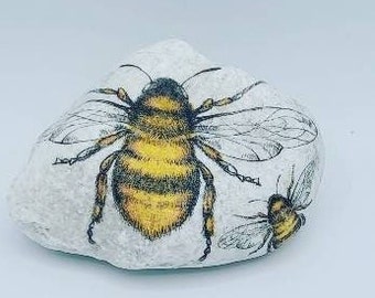 Bees Decorative Stone / Decoupage with Paper Napkins onto White Marble Pebble / Handmade Ornament / Pretty Paperweight