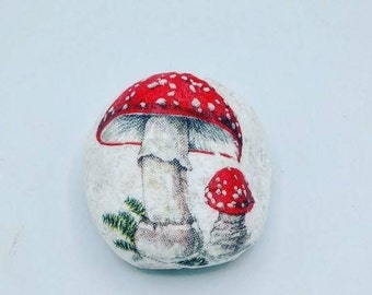 Toadstool Decorative Stone / Decoupage with Paper Napkins onto White Marble Pebble / Handmade Ornament / Pretty Paperweight