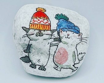 Cats in Hats Decorative Stone / Decoupage with Paper Napkins onto White Marble Pebble / Handmade Ornament / Pretty Paperweight