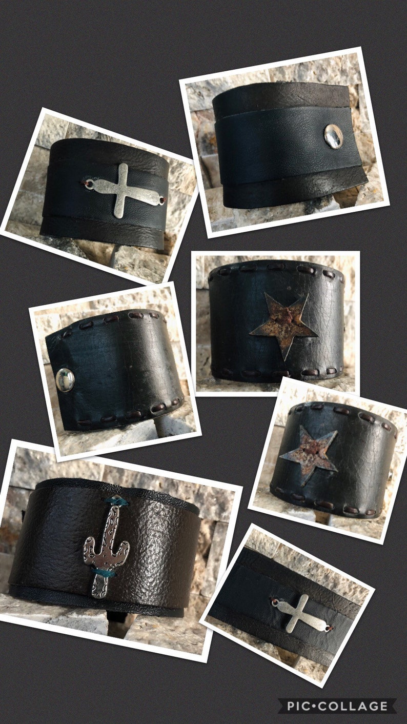 Brown and Black leather cuffs leather bracelets with silver mixed leather jewelry leather with star leather with cross studded leather