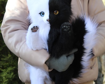 Pre-order Split-color plush fox poseadle realestic soft art doll, Yin Yang style