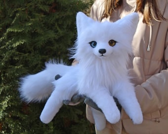 Pre-order Realistic White wolf plush poseable art doll heterochromia eyes