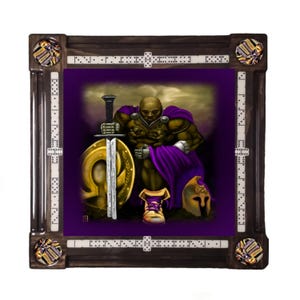 May include: A decorative domino set with a central image of a warrior in gold armour and a purple cape, holding a sword and shield. The set has a dark wood frame with dominoes and decorative accents. The dimensions are in centimetres.