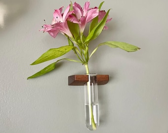 Lotus Floating Wall Vase – Plant Propagation Wall Planter – Walnut or Cherry Hardwood Mount with Glass Propagation Tube