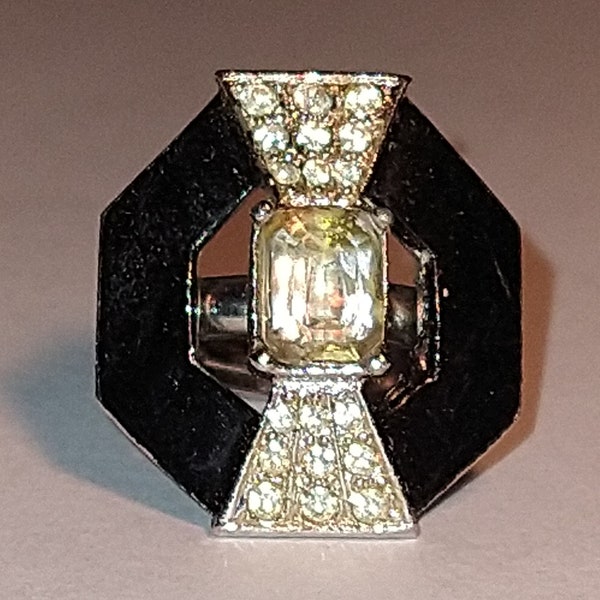 CORO Cocktail Rhinestone Hexagon Ring. Adjustable. Black Enamel. Vintage 1940's.  Bright White Rhinestone Center Stone & Clear Paste Stones.