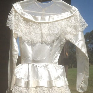 Victorian BRIDAL GOWN + Long TRAIN 1930 HandMade Small Wedding Dress Liquid Satin Lace One of a Kind Original Long Sleeve, Button Down Baco