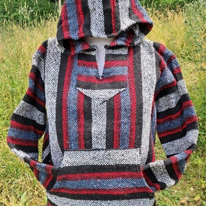 Striped Baja Hoodie: Mexican Pullover Sweatshirt, Surfer Hippie Jacket