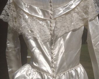 Victorian Handmade Lace Satin Wedding Gown With Long Train