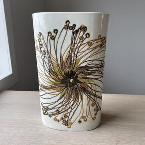 Può includere: Un vaso di ceramica bianco con un motivo floreale nei toni del marrone, verde e oro. Il vaso ha una forma cilindrica e una finitura lucida. Il motivo floreale è centrato sul vaso e sembra essere dipinto a mano.