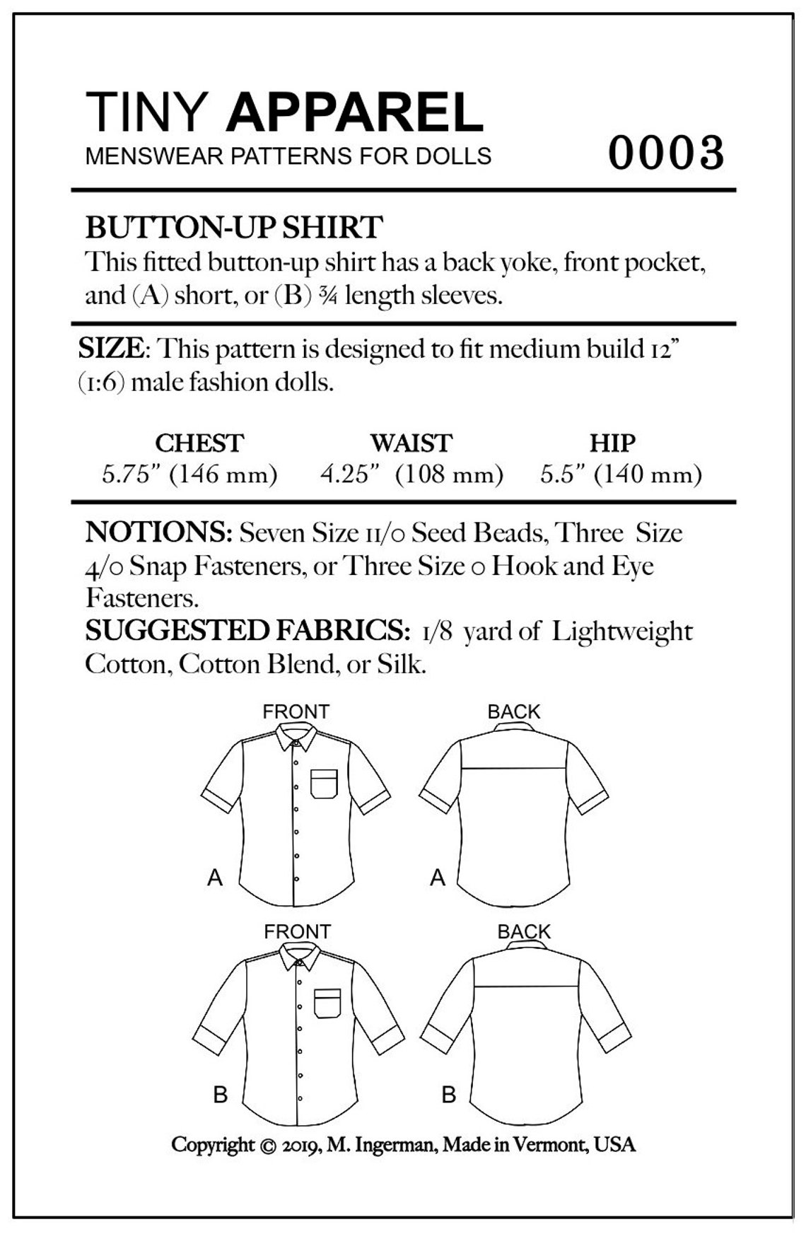 PDF Pattern Buttonup Shirt Sewing Pattern for 12 Etsy
