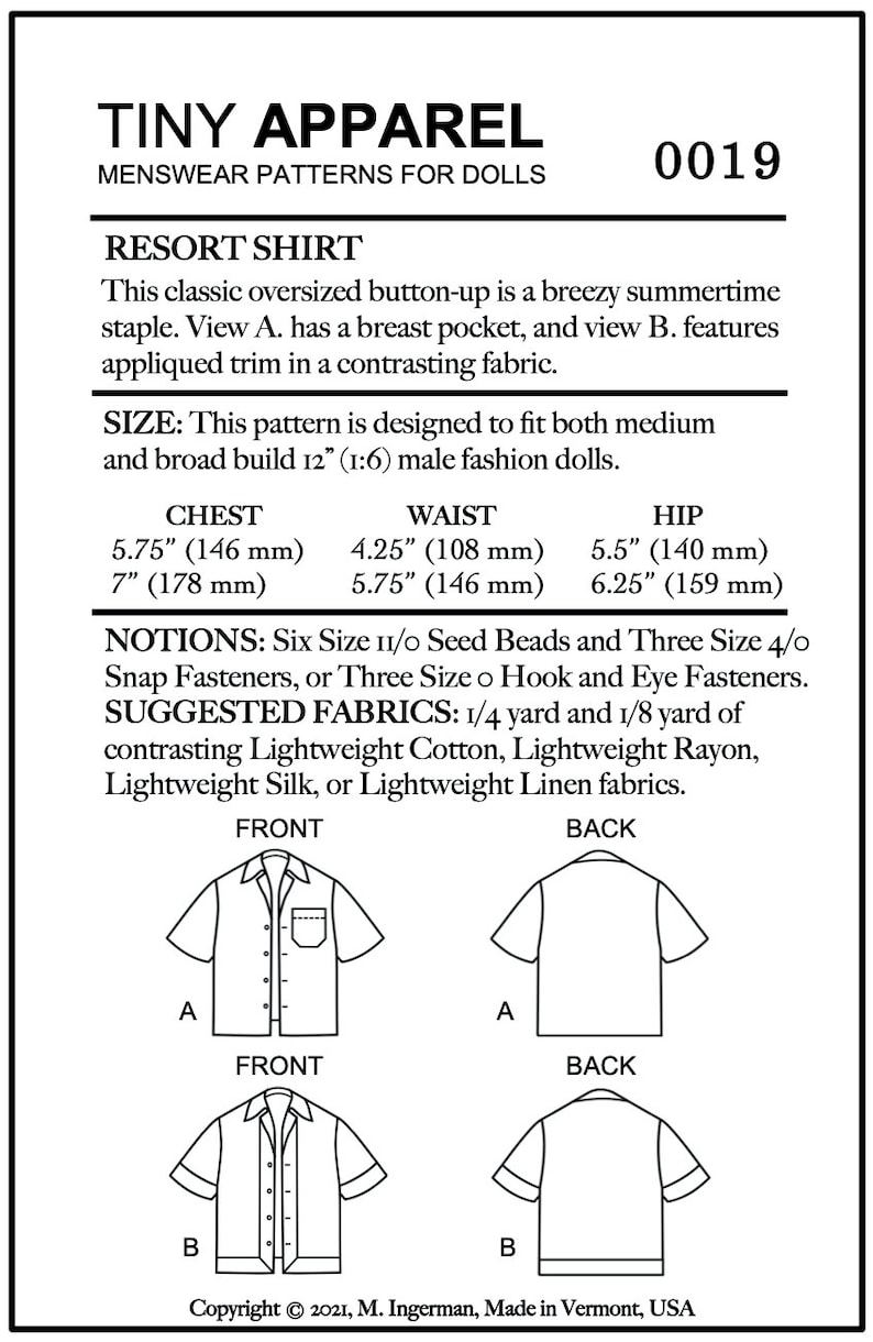 Resort Club Pattern PDF Pattern | Resort Shirt Sewing Pattern for 12