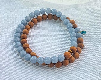 Angelite & Sandalwood Bracelet Set – 6mm Mala Bracelets with Blue Evil Eye Charm
