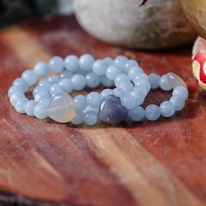 Aquamarine Stone Bracelet: Calming Energy, Gray Agate Heart