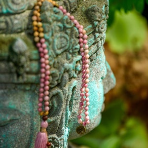Self-Love Gemstone Mala, Rhodochrosite, and Picture Jasper – Reiki-Infused 108 Bead Necklace for Self-Love, 6 mm Mala Beads