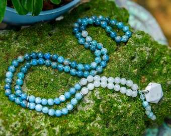 Apatite Larimar Mala Necklace: Hand-Knotted Meditation Beads