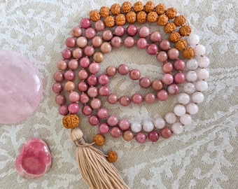 Rhodochrosite Rose Quartz Mala: Reiki-Infused 108 Bead Japa Mala