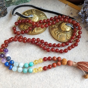 Carnelian 7 Chakra Mala Necklace: Meditation Beads, Tassel Yoga Jewelry