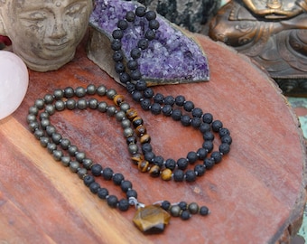 Lava Rock, Pyrit & Tigerauge Empowerment Mala - 108 Gebetskette