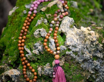 Hand-Knotted Sandalwood Mala: Rhodochrosite & Red Creek Jasper Prayer Beads