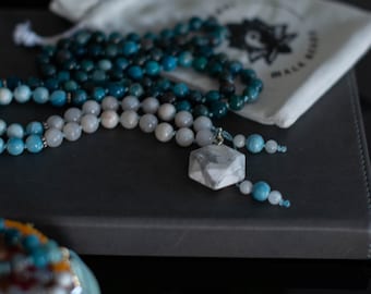 Blue Apatite Mala Necklace: Larimar & Howlite 108 Prayer Beads
