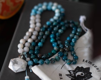 Blue Apatite 108 Mala Bead Necklace: Chakra Meditation Jewelry