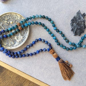 Blue Apatite and Lapis Lazuli,  Throat, Third Eye Chakra Beaded Mala, Protection & Intuition Mala, Buddhist Prayer Beads, 108 Mala Necklace