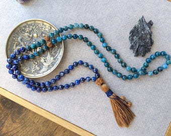Blue Apatite and Lapis Lazuli,  Throat, Third Eye Chakra Beaded Mala, Protection & Intuition Mala, Buddhist Prayer Beads, 108 Mala Necklace