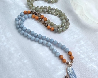 Rare Raw Kyanite Pendant Mala Necklace 108 Beads | Angelite, Labradorite & Smoky Quartz | Intuition and Grounding Mala