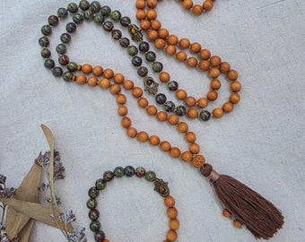 Sandalwood & Dragon Bloodstone Mala – 108 Bead Protection and Strength Meditation Necklace