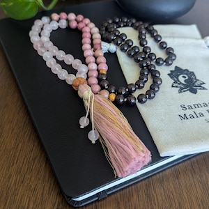 Zodiac Garnet Mala: Rhodochrosite & Rose Quartz 108 Bead Necklace