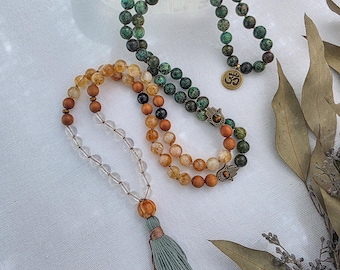 108 Bead Mala Necklace – African Turquoise, Citrine & Clear Quartz Meditation Mala with Hamsa and Om Charm