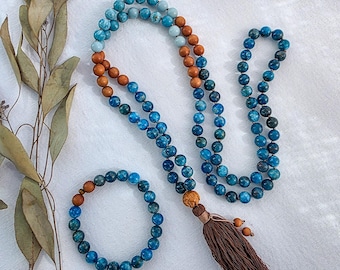 Larimar, Apatite & Sandalwood Mala Necklace – 108 Bead Meditation Mala, Yoga Prayer Beads