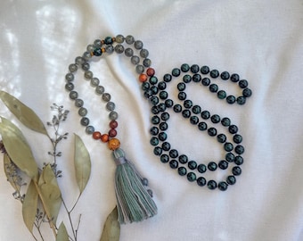Emerald & Labradorite Mala Beads  108 Hand-Knotted Reiki-Infused Necklace | Atman Connection, Bracelet and Pocket Mala Set Options