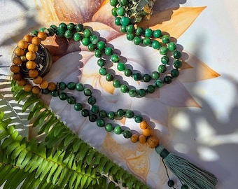 Jade and Tulsi Wood Mala Beads  108 Hand-Knotted Reiki-Infused Meditation Necklace, Spiritual Prayer Beads for Healing & Mindfulness