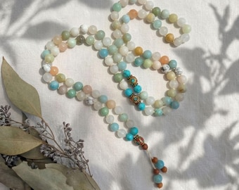 Calming and Communication Crystal Necklace | Amazonite Howlite & Peach Aventurine Yoga Mala | Meditation Jewelry Set