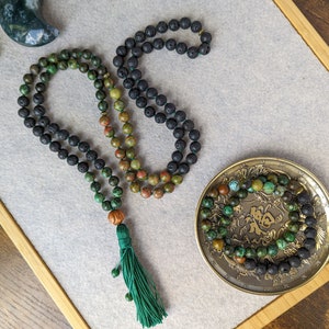 ROOT and HEART CHAKRA Mala, Lava Rock Necklace, 108 Mala Beads, Buddhist Prayer Beads
