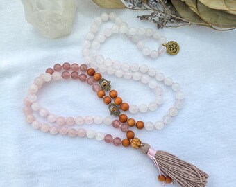 White Jade Rose Quartz Mala Necklace – 108 Bead Meditation Beads with Strawberry Quartz & Sandalwood