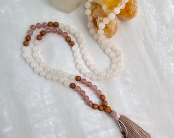White Jade & Strawberry Quartz Mala Necklace – 108 Bead Hand Knotted Meditation Mala, Heart Healing Mala
